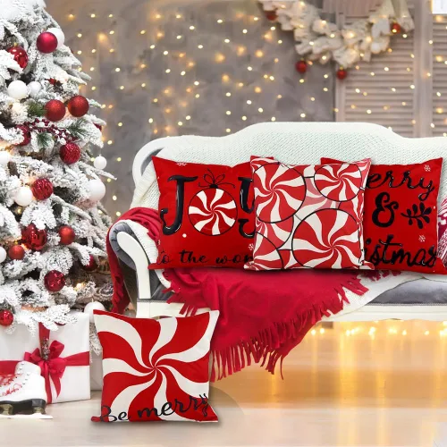 Vista 6 de Vellibring - Juego de 4 fundas de almohada de Navidad con diseño de caramelos, 45 x 45 cm, rojo y blanco, fundas de almohada para sofá, decoración