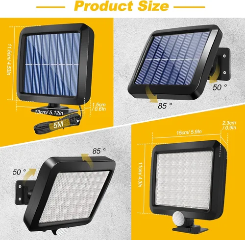 Vista 7 de Luces solares para pared exterior con sensor de movimiento, 56 LED ultra brillantes IP65 impermeables Luz solar separable para porche, cable de 16.4