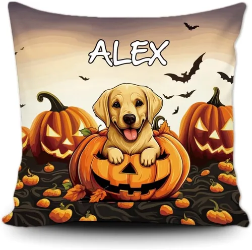Vista 9 de Funda de almohada personalizada de Halloween, diseño de calabaza, lindo cachorro, funda decorativa de lona para sofá, 16 x 16 pulgadas, estampado