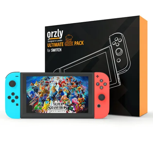 Vista 2 de Orzly Accessories Bundle Compatible with Nintendo Switch & OLED Case & Screen Protector, Joycon Grips & Racing Wheels, Controller Charge Dock