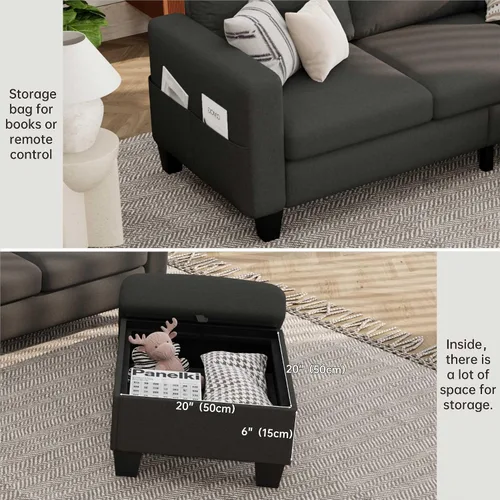 Vista 3 de Sofás Seccionales para Sala de Estar - Sofá Moderno en Forma de L de Lino Gris Oscuro de 3 Plazas con Otomana de Almacenamiento Reversible