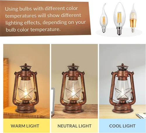 Vista 4 de NOXARTE Lámpara de mesa rústica con diseño de farol antiguo enchufable, luz nocturna perfecta para dormitorio, sala de estar, 15 pulgadas de alto x