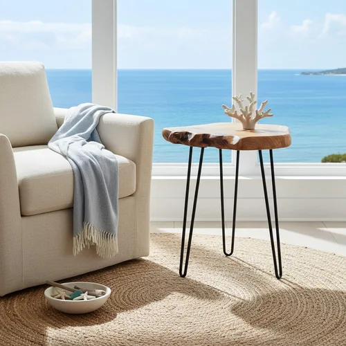 Vista 4 de Mesa auxiliar de madera Welland con borde natural, mesita de noche., cedar