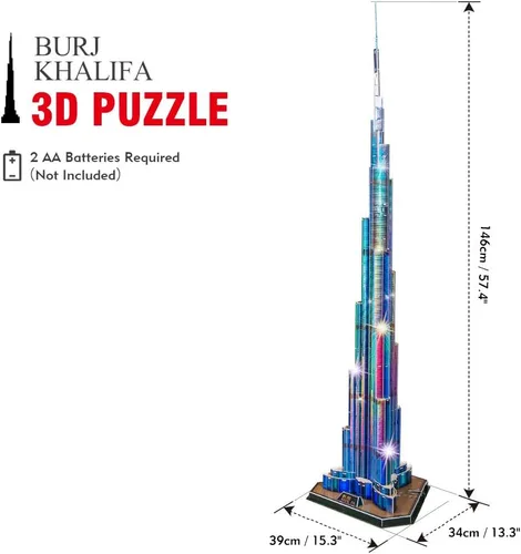 Vista 7 de CubicFun Rompecabezas 3D LED Dubai Burj Khalifa 57.5" H Kits de Modelos de Edificios de Arquitectura para Adultos, Decoración de Recuerdo y Regalos