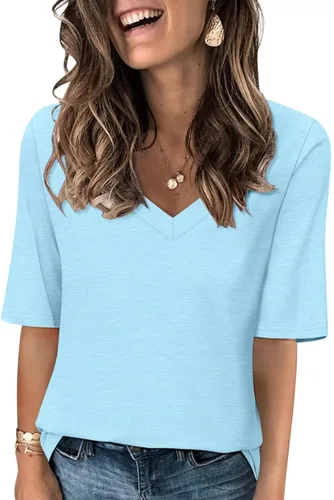 Vista 22 de Minetom Camisetas de verano básicas de media manga con cuello en V para mujer