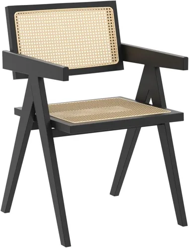 Vista 4 de Juego de 2 sillas de comedor de ratán, sillas de cocina de mimbre para comedor, negro