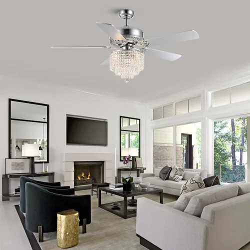 Vista 9 de Ventilador de techo de cristal con luces, ventilador de candelabro moderno con control remoto, ventilador de techo cromado reversible, lámpara