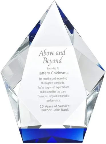 Vista 6 de Baudville Trofeo grabado – Cristal – Azul en la base – Premio para empleados – Grabado personalizado – Viene en caja de regalo