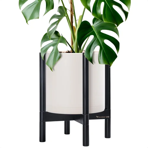 Vista 36 de Maceta de D'vine Dev con soporte - Maceta de flores de cilindro de plástico de 8.0 pulgadas con soporte de madera para interiores, maceta mate negra