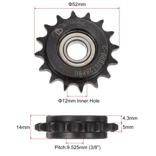 Vista 2 de uxcell Piñón tensor de cadena de rodillos DIN (ISO) 06B, diámetro de 0.472 in, paso de 3/8 pulgadas, piñón tensor de 16 dientes endurecido