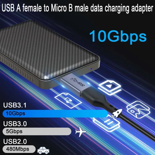 Vista 3 de QIANRENON Adaptador de disco duro externo USB A hembra a USB 3.0 Micro B macho de 10 Gbps USB 3.1 a Micro B convertidor de carga de datos