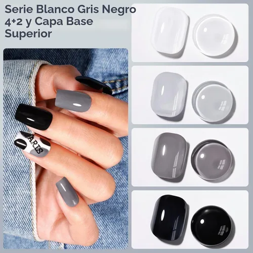 Vista 2 de GELLEN Juego de Esmalte de Uñas en 4 Colores Negro, Blanco, Gris & Base y Capa Superior, Esmalte de Uñas de Tendencia Otoño/Invierno Negro, Blanco