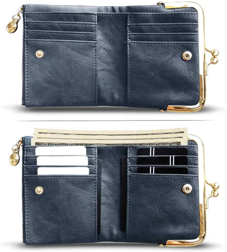 Vista 51 de AOXONEL Cartera para mujer, pequeña, Rfid, compacta, plegable, de piel, vintage, con cremallera y cierre de beso