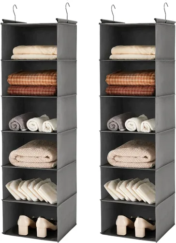 Vista 13 de MAX Houser Organizador colgante de armario de 6 niveles, estante colgante de tela con 2 ganchos resistentes para almacenamiento, plegable (beige)