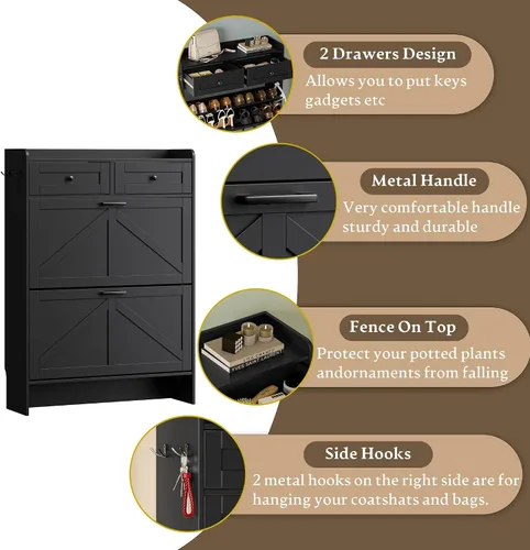 Vista 5 de BORNOON Gabinete de Almacenamiento de Zapatos para Entrada, Gabinete Estrecho de Zapatos Estilo Granja con 2 Cajones Abatibles y Cajones Superiores