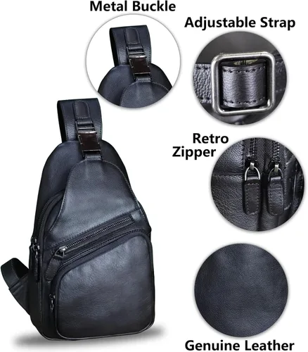 Vista 6 de LRTO Bolso de cuero genuino para hombres y mujeres, estilo vintage, de cuero auténtico, bandolera de hombro, bolso cruzado en el pecho, Grisoscuro