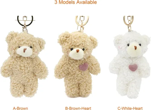Vista 5 de Llavero de peluche de oso de juguete para niños con corazón morado de 5 pulgadas de peluche, mochila con colgante de regalo para niñas (A-marrón)