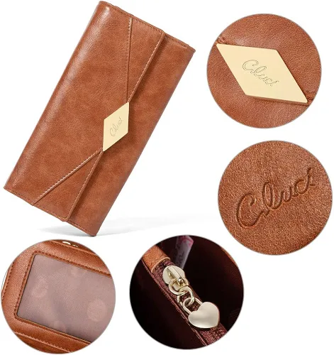 Vista 5 de Cartera de cuero suave para mujer con tres pliegues y organizador de tarjetas