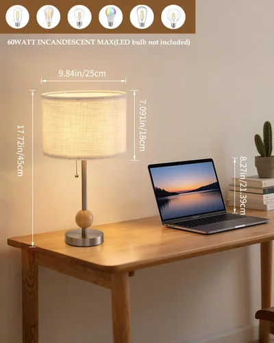 Vista 4 de Juego de 2 lámparas de mesa pequeñas, lámpara de noche de 17.7 pulgadas con pantalla de lino, cuerpo de metal, acento de madera y cadena