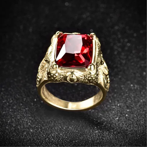 Vista 5 de MASOP Anillos de acero inoxidable grabados en tono dorado de lujo para hombre con piedra de color granate rubí rojo, tamaño 8-12, Cristal, Zirconia