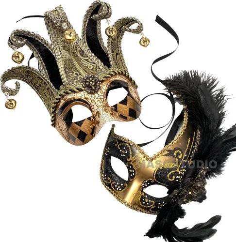 Vista 3 de MASQSTUDIO - Máscara de mascarada para parejas, Jolly Jester Cosplay Mardi Gras baile baile fiesta de cumpleaños o decoración