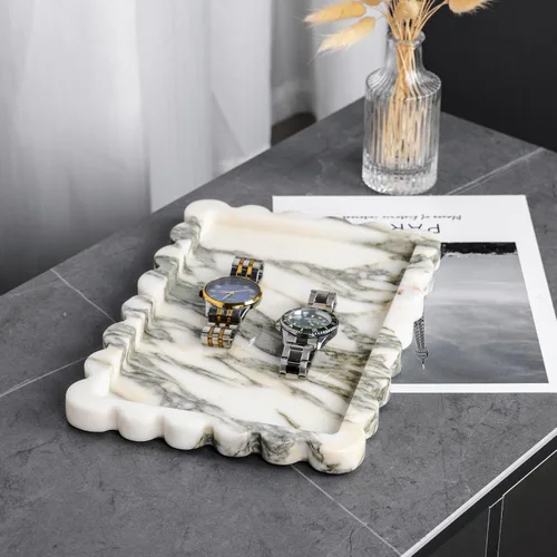 Vista 6 de Bandeja rectangular de mármol con borde ondulado para decoración del hogar para baño/cocina/tocador/aparador sin resina