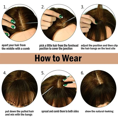 Vista 4 de Extensiones de clip de cabello francés, fleco natural grueso curvado con patillas largas con clip recto para mujer