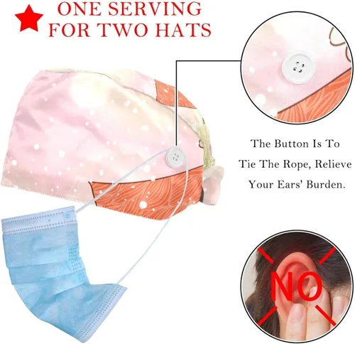 Vista 2 de VBFOFBV Working Cap with Buttons Sweatband Ribbon Tie Back Bouffant Hats, Bouquet Peony Lavender Leaves
