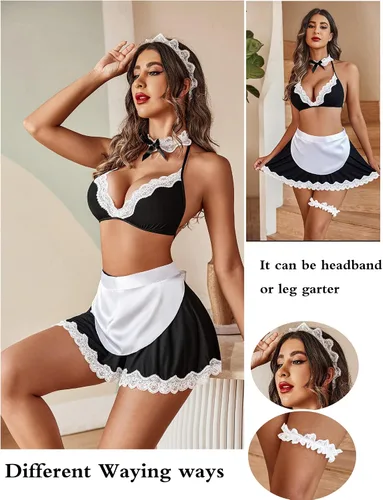 Vista 4 de Avidlove Lencería sexy de sirvienta para mujer, juego de roles, lencería para cosplay, disfraces sexys de Navidad