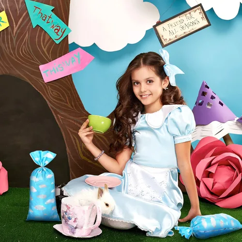 Vista 7 de Outus 100 bolsas de regalo para fiesta de juguete, cielo azul, nubes blancas, bolsas de regalo de cielo azul con lazos giratorios para niños