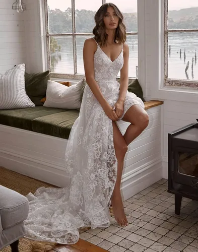 Vista 4 de Noras dress Women's Lace Appliques Long Sleeve Mermaid Wedding Dress V Neck Bridal Gowns B131