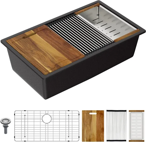 Vista 19 de Lordear Fregadero de Bar Empotrado de Granito Compuesto de 18 Pulgadas 18"x18" Fregaderos de Cocina de Cuarzo Compuesto Negro de Un Solo Tazón Bajo