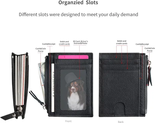 Vista 2 de Cartera delgada para mujeres de piel pequeña con bloqueo RFID, tarjetero minimalista con bolsas para monedas y fundas, Negro, Moderno