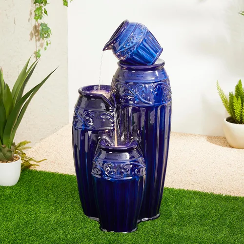 Vista 10 de Glitzhome - Fuente de jardín de 27.25" de alto con luces LED y bomba, fuente de agua para exteriores de 4 niveles con patrón en relieve azul Azul