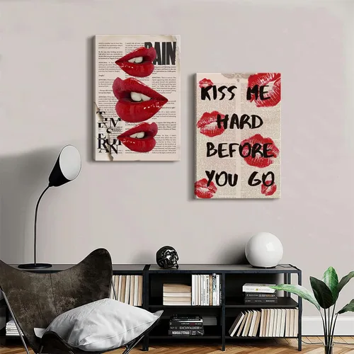 Vista 5 de 2 piezas de lienzo enmarcado, arte de pared, decoración de pared de moda preparada, pósteres de labios rojos funky, impresiones de cuadros
