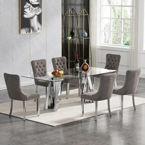 Vista 28 de Juego de mesa de comedor de cristal dorado moderno de 70 pulgadas para 4, juego de mesa rectangular de comedor de cocina de 5 piezas con base
