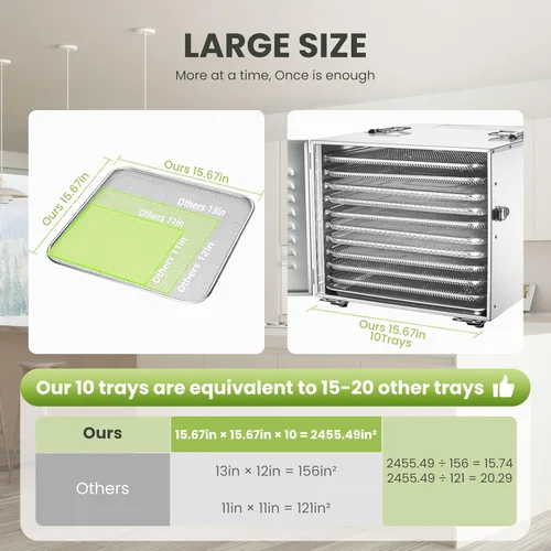Vista 3 de Máquina deshidratadora de alimentos de 10 bandejas comerciales para cecina y hierbas, área utilizable de hasta 24.65 pies² y temperatura de 194℉