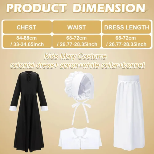 Vista 2 de Conjunto de disfraz de peregrina para niñas, vestido colonial de peregrina, disfraz de peregrina para Halloween, disfraces de cosplay para niños