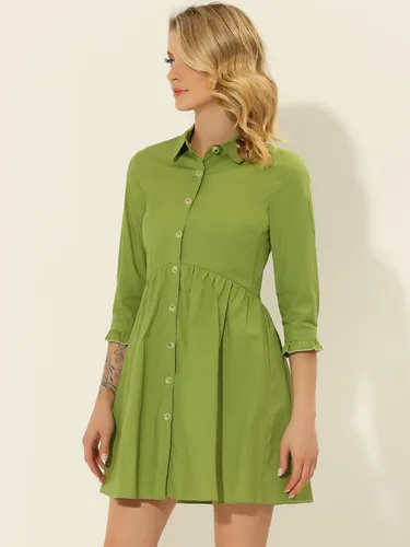 Vista 2 de Allegra K Vestido camisero casual de negocios para mujer, manga 34, con botones, para el trabajo, verano, mini vestidos