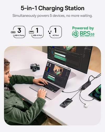 Vista 3 de Baseus Estación de carga 100W, tira de alimentación de viaje 5 en 1 con cargador USB C, con cable de extensión desmontable de 5 pies, enchufe plano