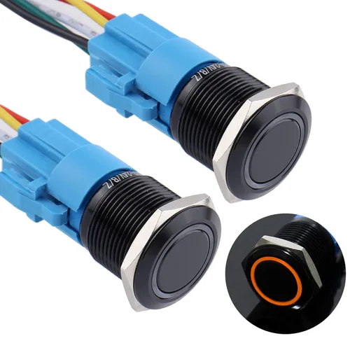 Vista 20 de 2 interruptores de botón de bloqueo de 0.748 in de 12 V-24 V, anillo de CC LED 1NO 1NC impermeable botón de metal negro encendido apagado