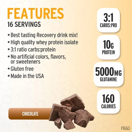 Vista 3 de Fluid Recovery, mezcla de bebida después del entrenamiento, proteína aislada de suero de leche, L-glutamina, carbohidratos, todos los ingredientes