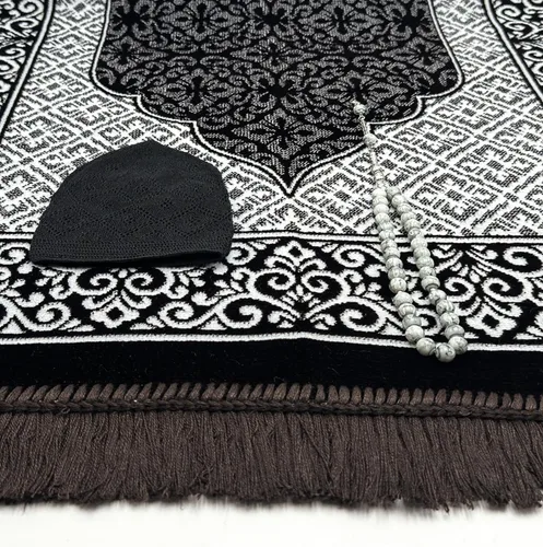 Vista 3 de ESERRA Juego de alfombrillas de oración de terciopelo todo en uno para el Islam, alfombra gruesa de oración musulmana, sombrero Kufi negro, piedra