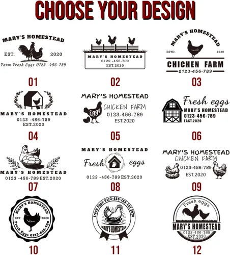 Vista 3 de Sellos de cartón de huevos personalizados, 4 tamaños, sello de pollo personalizado, 12 diseños, sello de goma para cartón de huevos, sellos