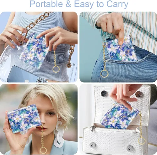 Vista 5 de Billetera triple para mujer, pequeña, delgada, con bloqueo RFID, bonito tarjetero de cuero con bolsillo largo para efectivo y llavero, Azul Flores