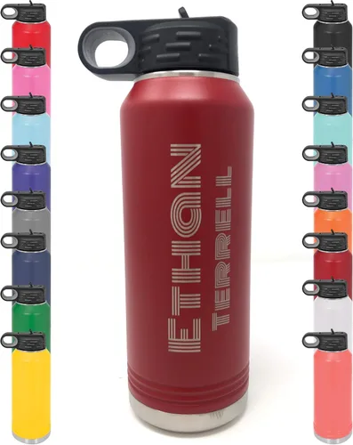 Vista 5 de Botella de agua personalizada con recubrimiento en polvo de 32 onzas, de acero inoxidable con doble pared aislada al vacío, grabado personalizado