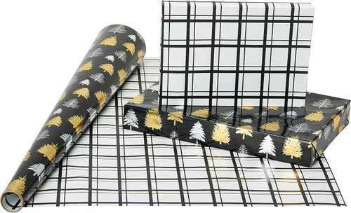 Vista 2 de American Greetings - Rollos de papel de regalo de Navidad de aluminio, envoltura de regalo festiva metálica en amarillo dorado y negro
