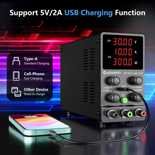 Vista 4 de Fuente de alimentación de CC variable, 0-30V 0-10A Fuente de alimentación de banco regulada de CC con pantalla LED de 4 dígitos de alta precisión
