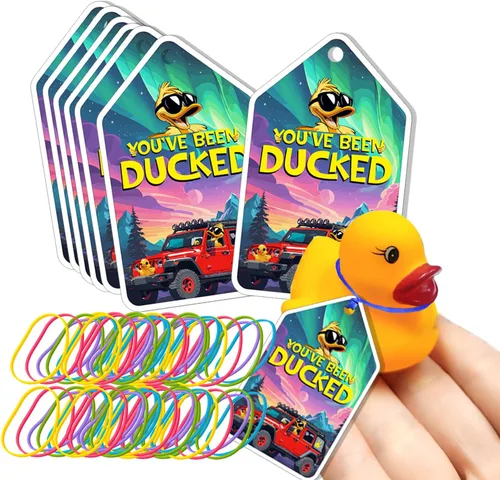 Vista 7 de Etiquetas de pato, tarjeta de pato, tarjeta de juego de pato, pato de goma para etiquetas, diseño de automóvil amarillo Dcuk y SUV, con agujero