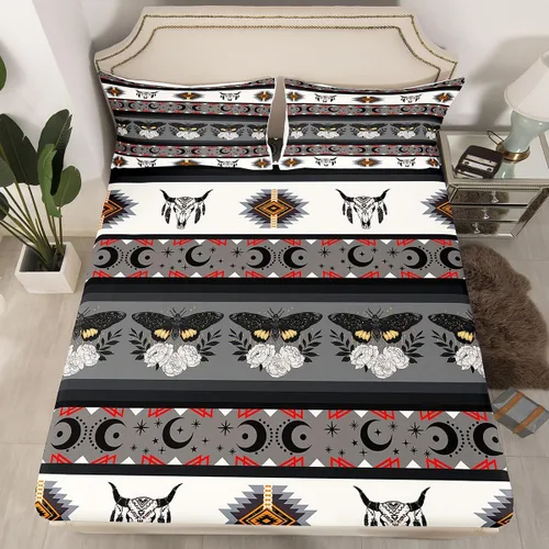 Vista 14 de Juego de ropa de cama de estilo bohemio occidental, tamaño individual, diseño de vaca atrapasueños, sábana bajera ajustable del suroeste, tribu